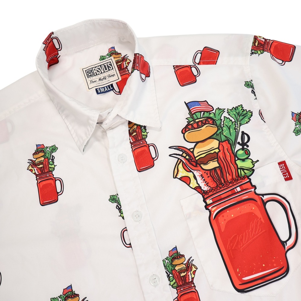 RSVLTS Men's S White Bloody Mary Cocktail Print Short Sleeve Button Up Shirt